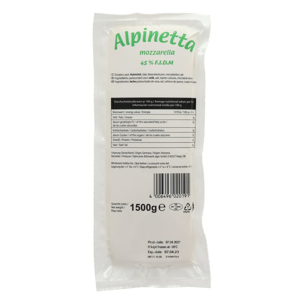 Mozzarella Cheese Alpinetta Brot 45%